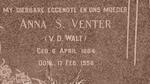 VENTER Anna S. nee V.D. WALT 1884-1956