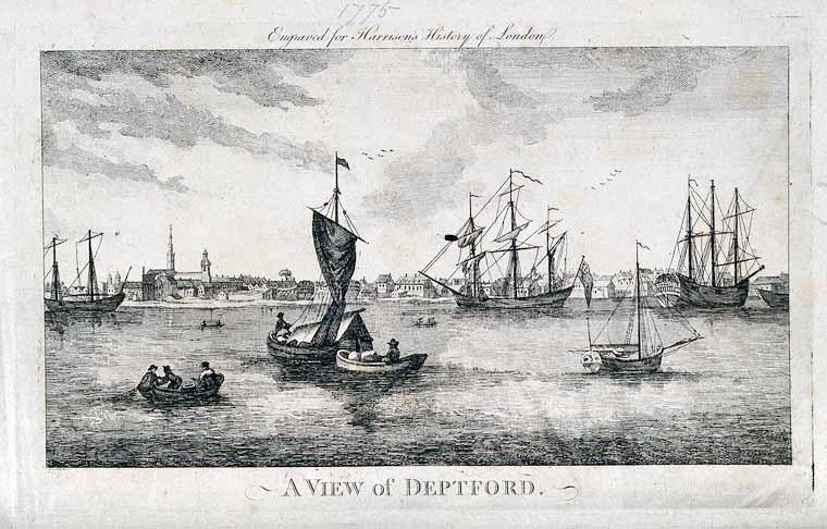 The Thames at Deptford, 1775 Engraving by J.Royce after J. Oliphant.