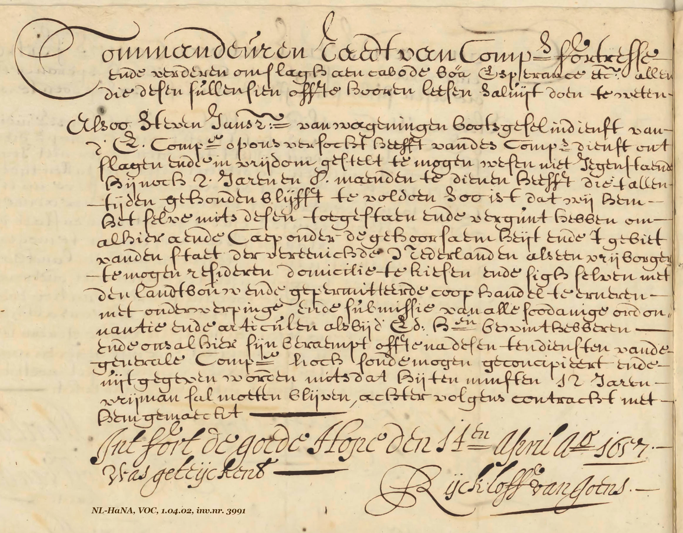 Vrijbrief of Steven Jansz of Wageningen